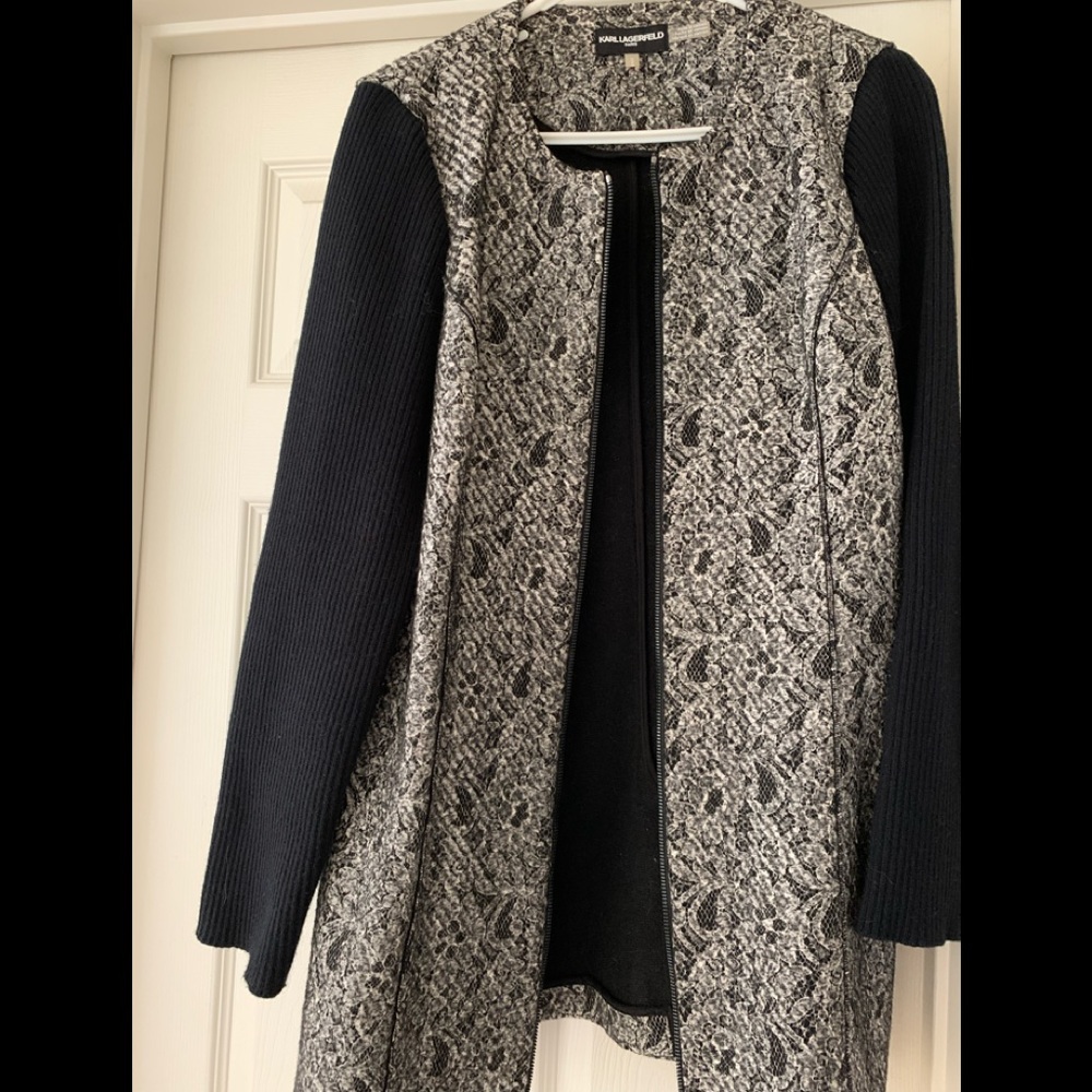 Karl Lagerfeld black lace print sweater coat Medium